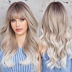 EMMOR Gray Wig with Bangs Dark Roots Long Curly Wig for Women Synthetic Wig Natural Looking Heat Resistant Fiber Wigs