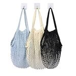 Pinuotu 3 Pack Reusable Grocery Mesh Bags, Portable and Washable Cotton String Shopping Bag with Long Handle, 100% Cotton Reusable Mesh Produce Net Tote Bags Set for Fruit Vegetable Storage (3 Color)