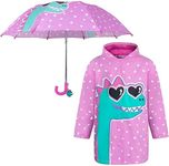 addie & tate Dino Rain Coats for Girls with Hearts & Kids Umbrella Set - Toddler Umbrellas for Rain - Kids Raincoat Jacket for 3-5, Dino/Hearts, 3-5 Years