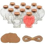 BELLE VOUS 12 Pack of Heart-Shaped Glass Bottles - 150ml/5oz Clear Glass Jars with Cork Stopper Lids, Heart Label Tags and String - Favour Bottles for Wedding Party, DIY Decoration & Wishing Messages