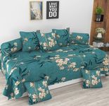 Stylish Threads Heavy Cotton 8 Pieces Diwan Set ||1 Single Bedsheet, 2 Bolster Covers, 5 Cushion Covers || (Green Flower, 60 x 90 Inch | Diwan Set |)