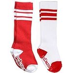 juDanzy knee high team color tube socks for toddler and youth boys and girls (2 Pack) (6-10 Years (Shoe Size 1-7) With Anti-slip grip, Red)