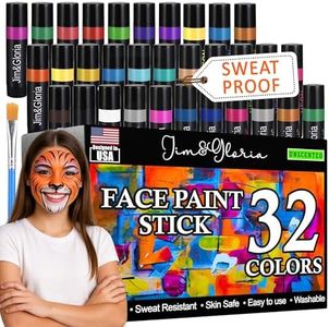 Jim&Gloria Bulk Face Painting Kit - 32 Metallic, Neon, and Classic Colors + Makeup Brush. Skin-Safe Washable, Professional Body Paint Crayon Set. Perfect for Crafts, Toys, Easter, and Gifts for Kids