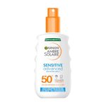 Garnier Ambre Solaire Sun Cream Spray SPF50+ Sensitive Advanced Sunscreen, Factor 50, Water Resistant, Non-Greasy, Fragrance-Free, Hypoallergenic, UVA UVB Protect with Ceramide, 150ml