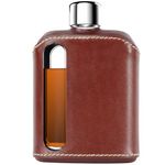 Ragproper Modern Glass Hip Flask - Durable Leather Covered Flask for Whiskey, Spirits, & Other Liquor - Ideal Glass Flask for Men & Women (Double Shot 240ml, Leather Dark Brown)