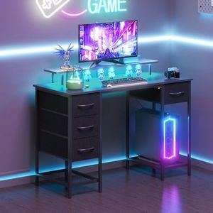 Advwin Black Computer Desk with 4 Drawers, Gaming Desk with RGB LED Lights & Power Outlets, Study Desk with Monitor Stand and Shelf, Home Office Desk for Bedroom Workstation