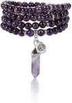 Jovivi 108 Mala Beads Bracelet 8mm Natural Amethyst Rose Quartz Healing Crystal Stone Mala Prayer Bead Necklace Hexagonal Prism Gemstone Reiki Pointed Pendant for Yoga Meditation Energy Balancing, One