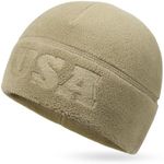 Tactical Beanie Fleece Watch Cap, Embossing USA Multi-Season Army Military Fleece Beanie, Winter Warm Beanie, Olive, One size
