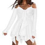 Women Casual Dresses Off Shoulder Puff Sleeve Mini Dress Ruched Fairy White Dress Flowy A-Line Swing Beach Flare Dress, 4-white, XX-Large