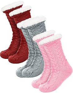 SATINIOR 3 Pairs Women's Winter Slipper Socks Soft Warm Cozy Fuzzy Fleece-lined Slipper Socks, Wine Red, Gray, Pink, Medium