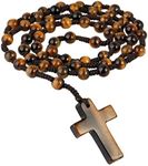 Nupuyai Tiger's Eye Crystal Stone Bead Cross Pendant Necklace for Men Women, Catholic Rosary Hand Knotted Necklace 62cm