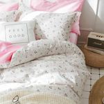 Faincy 7 Pcs Queen Size Comforter Set with Sheets, Pink White Floral, Leaf Pattern Printed Preppy Reversible Bed Sets - 90 x 90 Soft Microfiber Flower Duvet Vintage Bedding in a Bag for Women Girls