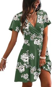 Spring Dresses for Women 2026 Casual Wrap V Neck Lightweight Vacation Summer Dress Beach Green Sundresses Floral M