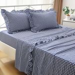 K MASANIJI Navy Blue White Plaid Ruffle Sheets Queen Size 4-Piece Set, 300TC 100% Yarn Dyed Cotton Sheets 18 in Deep Pocket Classic Gingham Decorative Bedding (Navy Blue/White Plaid, Queen)