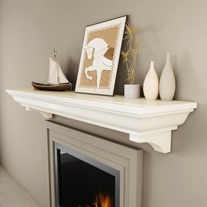 KALSUBO 72 Inch Fireplace Mantel Shelf, Invisible Heavy Duty Bracket Floating Mantle for Over Fireplace, Wall Mounted Handcrafted Hollow Solid Wood Design, Rustic Traditional Fireplace Decor (White)