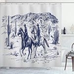 Ambesonne Western Shower Curtain, Country Theme Hand Drawn Illustration of American Wild West Desert with Cowboys, Cloth Fabric Bathroom Decor Set with Hooks, 70" Long, Navy Blue