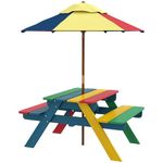 Outsunny Kids Picnic Table Bench Set with Removable Umbrella, Outdoor Wooden Kids Table and Chair Set for Backyard, Garden, 3-6 Years Boys and Girls, Multicolour