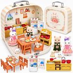 Dollhouse Kitchen Furniture Suitcase Set for Kids, 2 Flexible Animal Dolls