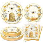 Whaline Bee Tableware Party Decorations Summer Bee Flower Disposable Dinnerware Set for Wedding Birthday Baby Shower Holiday Party Supplies Table Decor, Serve 24