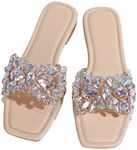 Verdusa Women's Rhinestone Clear Flat Sandals Square Toe Slide Sandals Beige 12