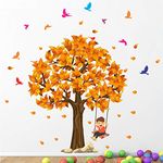 StickMe 'Kids and Tree - Birds - Autumn - Decorative - Creative - Colorful - Wall Sticker' -SM748 (Multi Colour, Vinyl - 120cm X 120 cm)