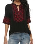 AK Women's Summer V Neck Boho Embroidered Mexican Shirts Short Sleeve Casual Tops Blouse (Black, Medium)