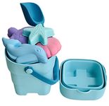 Foldable Beach Bucket Toy Set (6 pieces) - Silicone Collapsible Beach Toys for Kids, Scrunch Bucket, Castle, Sea Animals Molds, Toddler Travel Sand Toys set, Sandbox Toy (Blue)