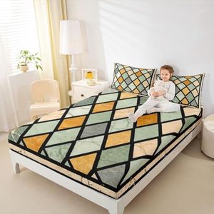 Erosebridal Geometric Tile Full Fitted Sheet Fashion Marble Diamond Bed Sheets Teens Adults Stained Glass Mosaic Lattice Bedding Set Vintage Window Art Sheets