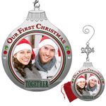 2021 Christmas Photo Ornament - Our First Christmas Together - Engraved Xmas Ornament with Red, Green and Clear Rhinestone Accents. Includes a Dated Hook with Red and Green Bells for Christmas Tree