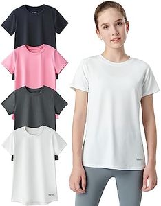 4 Pack: Youth Girls Athletic Shirts, Short Sleeve Dry Fit Apparel Tech Tshirts, Sports Activewear for Kids Teens, Pink/White/Black/Charcoal, Medium