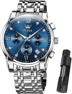OLEVS Watches for Men Water Resistant Big Face Silver Blue Large Watch for Men Stainless Steel Metal Band Bracelet Original Luxury Chrono Classy Watches Chronograph Analog Waterproof Adjustable Two Tone relojes para hombres Wristwatch