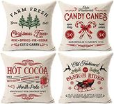 Kithomer Farmhouse Christmas Pillow Covers 18x18 Set of 4 Rustic Winter Holiday Xmas Decor Christmas Decorations Cushion Cases for Couch Tree Candy Canes Cocoa Sleigh Rides (18"x18")