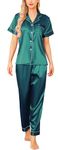 Vlazom Womens Silk Pyjamas, Soft Satin Short Sleeve Top & Long Pant Pyjamas Set Button Down Pj Sets Loungewear for All Seasons, A-Dark Green,M