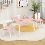 HONEY JOY Kids Table and 2 Chairs Set, 3 Pieces Wooden Square Play Table & 2 Cute Rabbit Chairs, Solid Wood Legs & Space-Saving Structure, Children’s Furniture Set for Arts, Crafts, Snack Time (Pink)