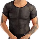 TAIKMD Men's Short Sleeve Sheer Mesh Fishnet T- Shirt Tops Music Festivel Party Clubwear (Black, Large)