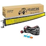 RIGIDON 3000K Yellow Curved Led Light Bar 42 inch 540W, With 12V Wiring Harness Cable Kit, Tri row Driving Work Lamp for Car Off road Truck SUV ATV 4x4, Flood Spot Combo Beam, Waterproof Fog Lamp