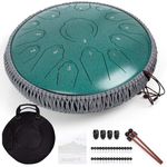 AMKOSKR Steel Tongue Drum, 14 Inch 35 cm Steel Tongue Drum, C Major 15 Notes, Hand Drum HandPan Drum with Drumsticks, Carry Bag, Dark Green