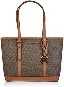 Michael Kors Jet Set Small Zip Top Shoulder Tote Handbag Brown Signature