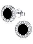 ChicSilver 6MM Round Black Onyx Stud Earrings 925 Sterling Silver CZ Cubic Zirconia Halo Stud Earrings For Women Men