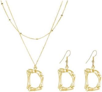 Gold Initial Necklaces Earrings Set for Women Dainty Layered Bamboo Letter A-Z Pendant Necklace Earrings Set Personlized Name Necklace Jewelry Gifts for Her