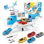 Shayson Transport Cargo Airplane Car Toy Play Set for Boys and Girls Ages 3 and Up - Includes 4 Cars, 1 Helicopter, Kids DIY Preschool Toy Gift