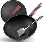 YuSailng Nonstick Wok, 13-Inch Carbon Steel Wok Pan with Lid Woks & Stir-Fry Pans No Chemical Coated Wok with Spatula Flat Bottom Cookware Chinese Wok for Induction, Electric, Gas, Halogen, All Stoves