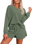 Ekouaer Women's Sweatsuits Casual Pajama Set Long Sleeve Waffle Top Matching Shorts Loose Lounge Set(Dark Green,X-Large)