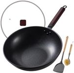 Teewe Carbon Steel Wok -12.9 Inch Woks & Stir-Fry Pans Nonstick, Wok Pan with Glass Lid Spatula and Dish Brush: Pre-Seasoned Flat Bottom Chinese Woks for Induction, Electric, Gas, All Stoves
