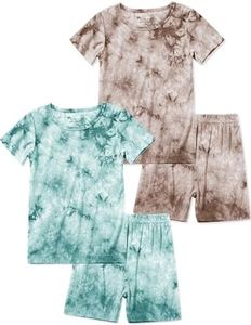 Jimonda Kids Soft Rayon From Bamboo Sleepwear Short Sleeve Boys Girls Pajama Outdoor 4-Piece tops&shorts Casual sets Tie Dye PJ(Green&Coffee,11-12Y)