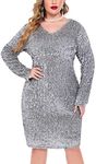 IN'VOLAND Womens Sequin Dress Plus Size V Neck Party Cocktail Sparkle Glitter Evening Stretchy Mini Bodycon Dresses Silver Grey