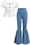 OYOANGLE Girl's 2 Piece Button Front Short Sleeve Ruffle Hem T-shirt and Bell Bottom Denim Pants Set White and Blue 9Y