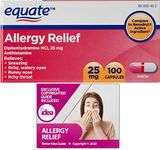 Equate Allergy Relief Capsules, 25 mg, 100 Ct Diphenhydramine HCl, 25 mg Bundle with Exclusive "Allergy Relief" - Better Idea Guide (2 Items)