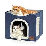 Bedsure Cat Beds for Indoor Cats - Large Cat Cave for Pet Cat House with Fluffy Ball Hanging and Scratch Pad, Foldable Cat Hideaway,16.5x16.5x13 inches, Blue