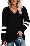 Famulily Women’s Casual V Neck Stripes T Shirt Ladies Baggy Color Block Long Sleeve Blouse Sweatshirt Tunic Tops(Black,L)